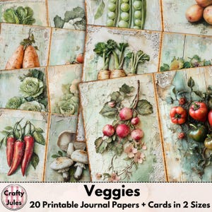 Papiers numériques Légumes - 20 pages imprimables sur le thème de l'alimentation, + des cartes et des ATC pour albums de coupures, carnets de recettes, collages, cartes