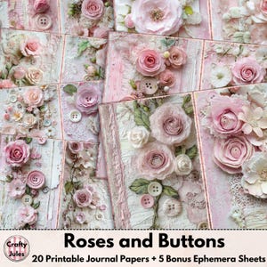 Roses and Buttons Digital Junk Journal Papers – 20 afdrukbare Shabby Pink-pagina's + 5 efemere bonusbladen voor plakboeken, tijdschriften en collages