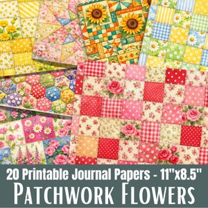 Patchwork Flower Journal Papers, Floral Quilt Scrapbook Pages, Digital Download