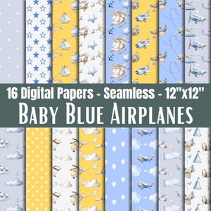 Könnte beinhalten: Eine Sammlung von 16 digitalen Papieren mit nahtlosen Mustern. Die Designs zeigen babyblaue Flugzeuge, Hubschrauber, Sterne, Wolken und Punkte. Jedes Papier ist 30,48 cm x 30,48 cm groß, mit hellblauen, gelben und weißen Hintergründen.
