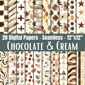 Papeles sin costuras color crema chocolate, estampados marrón claro, hojas para álbumes de recortes, descarga digital.
