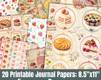 May include: A collection of 20 printable journal papers measuring 8.5 inches by 11 inches, featuring various fruity dessert illustrations including strawberry shortcake, blueberry pie, peach tart, raspberry cheesecake, and assorted berry patterns.