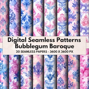 Baroque Seamless Patterns: Pink & Blue Vintage Scrapbook Papers (Digital Download, 12&quot;x12&quot;)