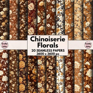 Papéis Digitais Sem Costura Floral Chinoiserie, 20 Padrões para Imprimir, Flores Marrons, Papéis para Colagens, Scrapbooks, Diários, Uso Comercial