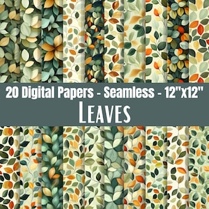 Könnte beinhalten: Eine Sammlung von 20 digitalen nahtlosen Papieren mit Blattmustern in verschiedenen Farben, darunter Grün, Orange und Gelb. Jedes Papier misst 30,48 cm x 30,48 cm und zeigt ein einzigartiges Blattdesign. Das Wort "LEAVES" wird in Weiß angezeigt.