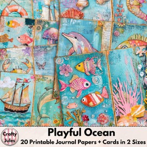 Papeles digitales para diarios basura con temática oceánica: 20 páginas náuticas imprimibles, tarjetas y ATC. Arte marino para álbumes de recortes, diarios y collages.