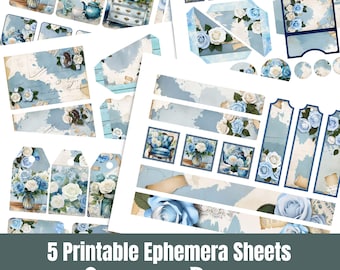 Shabby Blue Ephemera, Printable Floral Extras for Junk Journals & Scrapbooks