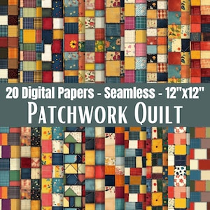 May include: A digital image featuring a patchwork quilt design. The quilt is composed of various fabric squares in shades of blue, red, yellow, and green. The text "20 Digital Papers - Seamless - 12"x12" PATCHWORK QUILT" is displayed across the image.