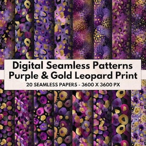 Seamless Purple and Gold Leopard Spot Patterns, Printable Glam Animal Print Papers, Glittery Safari Scrapbook Papers - Commercial Use