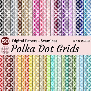 May include: A collection of 50 digital seamless papers with polka dot grid patterns in various colors. Each paper measures 12 x 12 inches. The image includes text that reads "Polka Dot Grids" and "Crafty Jules".