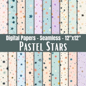 Pacote de Papel Digital Sem Emenda Estrelas Pastel: Padrões Celestiais Rosa, Azul e Roxo