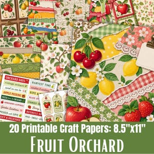 Op de afbeelding: Een collectie van 20 printbare knutselpapieren met fruitontwerpen zoals appels, kersen, citroenen en aardbeien, geaccentueerd door ruitjes, kant en bloemenpatronen. De set bevat labels en kaartjes met de tekst Orchard Days.