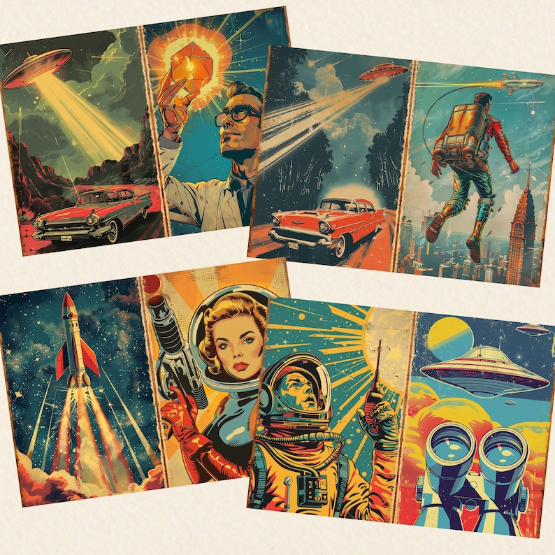 Może przedstawiać: Kolekcja grafik w stylu vintage z motywami retro science fiction i kosmicznymi. Grafiki przedstawiają sceny z latającymi spodkami, klasycznymi samochodami, astronautami i rakietą, wszystko w żywym stylu komiksowym z postarzanym wykończeniem.