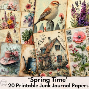 Papeles digitales para diarios basura de primavera: 20 páginas imprimibles para diarios, álbumes de recortes, papeles para collages, tamaño A4, carta y tarjeta