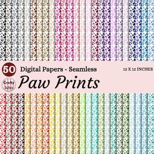 May include: A collection of 50 digital seamless papers with paw print patterns in various colors. The papers are 12 x 12 inches and feature a variety of colors, including shades of brown, pink, purple, and blue. The text "Paw Prints" is displayed.