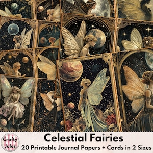 Papiers numériques pour journal indésirable Celestial Fairies - 20 pages de fantaisie imprimables, + cartes et ATC pour albums de coupures, journaux, collages, fabrication de cartes