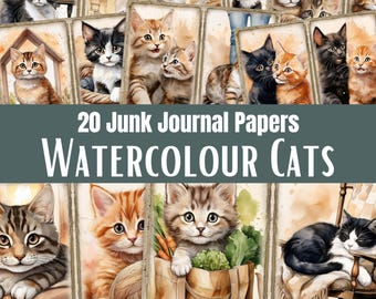 Watercolor Kitten Junk Journal Pages, Cat Scrapbook Papers, Digital Download