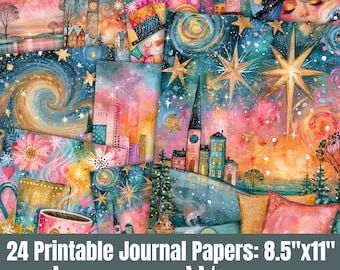 May include: A collection of 24 printable journal papers featuring abstract winter scenes with colorful cityscapes, starry night skies, glowing stars, snow-covered landscapes, and cozy mugs. The text 24 Printable Journal Papers: 8.5"x11" ABSTRACT WINTER is visible.