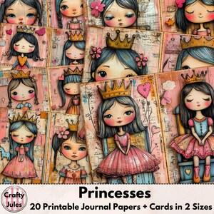 Princess Digital Junk Journal Papers – 20 Children's Scrapbook Papers + Cards and ATCs, Cute Characters – Kids Crafts, Instant Download