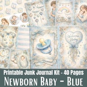 Puede incluir: Un kit de diario basura imprimible de 40 páginas con ilustraciones en tonos azules de recién nacidos, chupetes, ropa de bebé, corazones, arcoíris y bloques de letras. Los diseños incluyen texturas de acuarela, encaje y el texto Welcome Baby.