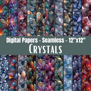 Può includere: Una collezione di carte digitali senza cuciture con vari disegni di cristalli. Le carte presentano una varietà di colori, tra cui blu, viola, arancione e verde. Il testo "Digital Papers - Seamless - 12"x12" CRYSTALS" è visualizzato.