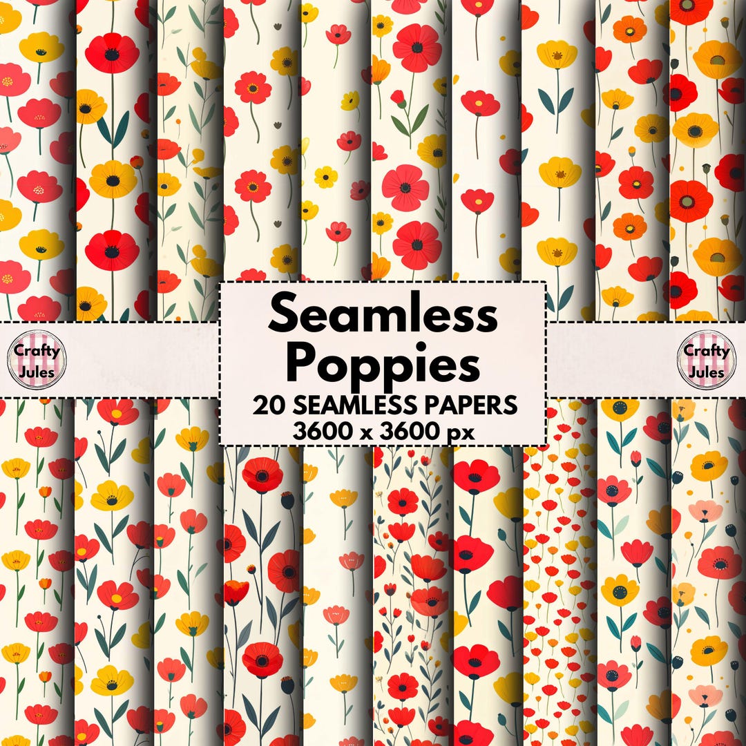 Seamless Poppy Patterns, 20 Printable Papers, Commercial Use, Red ...