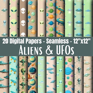 Alien Seamless Paper Pack, UFO Digital Backgrounds, Outer Space Pattern Background
