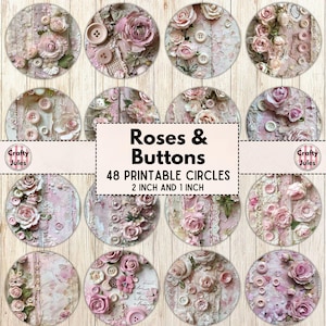Afdrukbare cirkels rozen en knopen – 48 digitale versieringen, shabby roze ephemera voor tijdschriften, plakboeken, 2 en 1 inch, commercieel gebruik