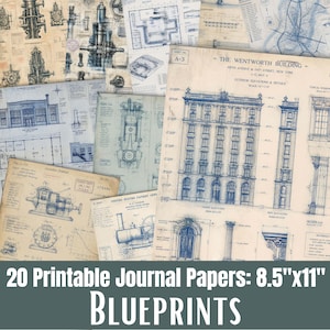 Op de afbeelding: Een verzameling vintage blauwdrukpapier, met architectonische en mechanische ontwerpen. De papieren zijn in blauwe en beige tinten, met gedetailleerde tekeningen van gebouwen, machines en technische schema's. De papieren zijn 21,6 cm x 27,9 cm groot.