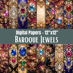 May include: Digital papers with baroque jewel designs. The papers feature ornate gold filigree, sparkling gemstones, and a variety of colours including pink, blue, and green. Each paper measures 30.48cm x 30.48cm.