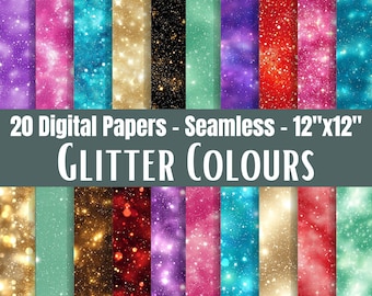 Glitter Seamless Digital Papers, 20 Colourful Sparkle Backgrounds for Crafts