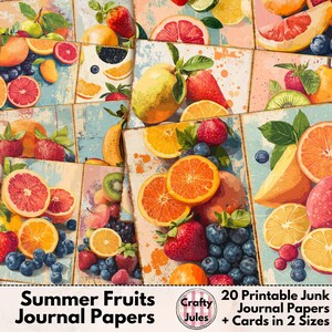 Papeles digitales de frutas de verano para diarios basura: 20 páginas imprimibles para diarios, álbumes de recortes y collages. Incluye tarjetas de diario en dos tamaños.