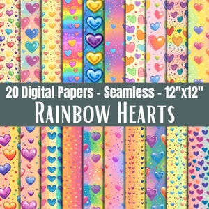 Könnte beinhalten: Eine Sammlung von 20 digitalen Papieren mit nahtlosem Design. Die Papiere zeigen bunte Regenbogenherzen in verschiedenen Mustern. Der Text auf dem Bild lautet "20 Digital Papers - Seamless - 12"x12" RAINBOW HEARTS".