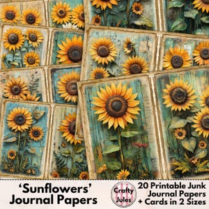 Sunflower Digital Papers – 20 Printable Pages for Junk Journals, Scrapbooks, Collages, Mixed Media - Plus Journal Cards in Two Sizes