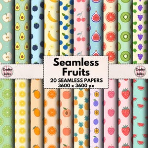 Motifs de fruits sans couture, 20 papiers imprimables, Usage commercial, Été, Arrière-plans alimentaires pour albums de coupures, Collages, Carnets de notes, Créations en papier