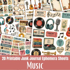 May include: A collection of printable ephemera sheets featuring music-themed illustrations including vinyl records, cassette tapes, headphones, microphones, guitars, trumpets, musical notes, concert tickets, and books with text like Music Makes A Brighter Day.