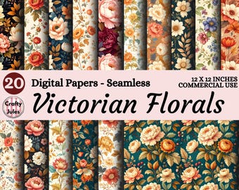 Vintage Flower Digital Papers, Printable Victorian Floral Scrapbook & Craft Papers, Seamless 12x12in