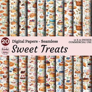 May include: A set of 20 digital seamless papers showcasing watercolour illustrations of cakes, cupcakes, and pastries. The papers measure 30.48 cm x 30.48 cm and are for commercial use. The words "Sweet Treats" are displayed in a decorative font.