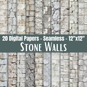 Könnte beinhalten: Eine Sammlung von 20 digitalen Papieren mit nahtlosen Steinmauertexturen. Jedes Papier misst 30.48 cm x 30.48 cm und zeigt verschiedene Muster aus grauen und beigen Steinen, ideal für digitale Kunst und Design.