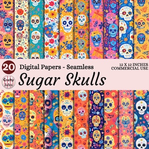 Peut inclure: Une collection de 20 papiers numériques sans couture avec des têtes de mort mexicaines de différentes couleurs. Chaque papier présente un motif de tête de mort différent avec des éléments floraux et décoratifs. Les papiers mesurent 30,48 x 30,48 cm.