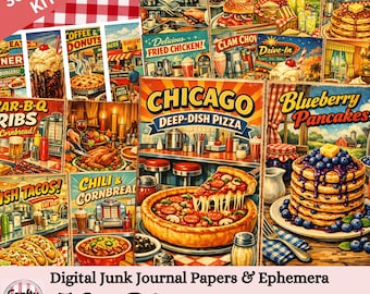 May include: A collage of vintage diner-themed ephemera, featuring illustrations of classic American food like pizza, pancakes, and burgers. The text includes "50s Diner," "Chicago Deep-Dish Pizza," and "Blueberry Pancakes."