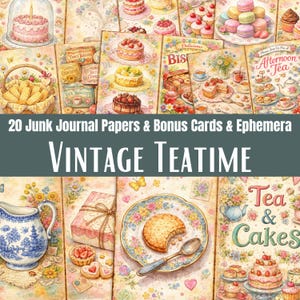 Puede incluir: Una colección de papeles y efemérides de estilo vintage con temática de fiesta de té. La imagen presenta varias ilustraciones de pasteles, galletas, tazas de té y patrones florales. El texto incluye "20 Junk Journal Papers & Bonus Cards & Ephemera" y "VINTAGE TEATIME".