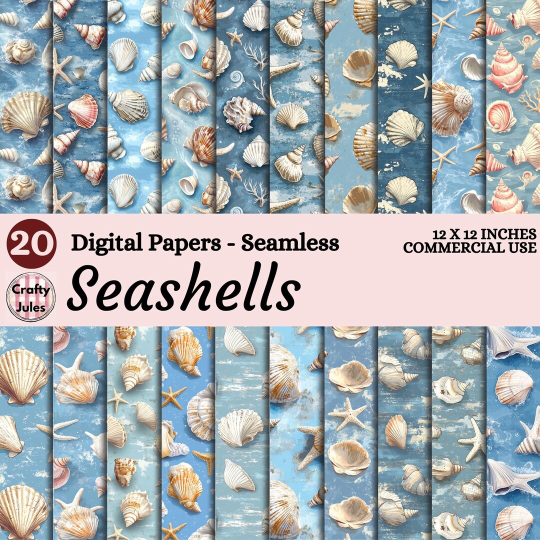 Seashell Digital Paper Pack, 20 Seamless Beach Patterns, Coastal ...