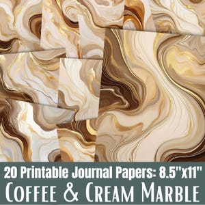 May include: A collection of 20 printable journal papers with a coffee and cream marble design. The papers are 8.5" x 11" in size. The papers feature a swirling pattern of beige, brown, and gold tones, creating an elegant and artistic look.