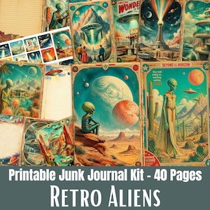 May include: A collection of 40 printable junk journal pages featuring retro science fiction illustrations of aliens, flying saucers, desert landscapes, and space scenes. The designs include text such as Area 51, Amazing Wonders, and Beyond the Horizon.