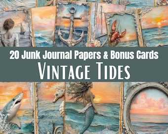 Vintage Tides Journal Papers, Mixed Media Coastal, Ocean Scrapbook & Craft Pages, Digital Download