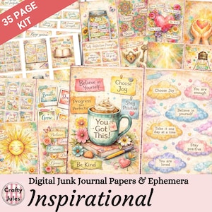Peut inclure: Un ensemble de 35 pages de papiers et d'éphéméras de journal intime numérique sur le thème de l'inspiration. L'image présente des illustrations à l'aquarelle de fleurs, de nuages, de cœurs et de phrases motivantes comme "You Got This !" et "Believe in Yourself".