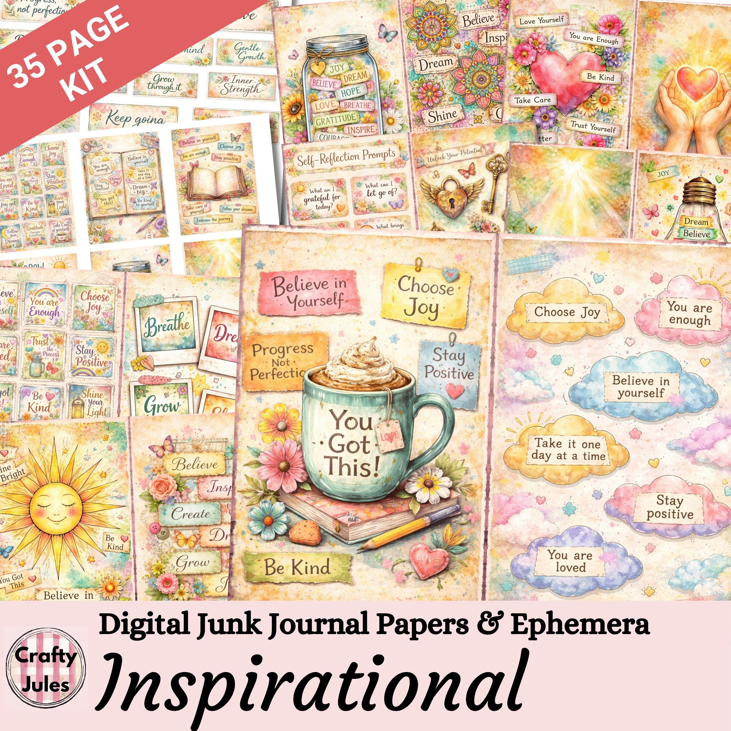 Inspirational Junk Journal Kit, Motivational, Self-help, Backing Pages, Ephemera, Digital ...