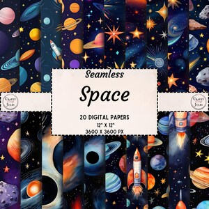 Motifs sans couture sur le thème de l'espace : galaxies, fusées, papiers numériques pour scrapbooking, carnets de notes, fabrication de cartes, collage, travaux manuels en papier