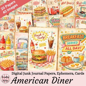 May include: A collage of vintage-style illustrations featuring classic American diner food and decor. Images include burgers, fries, hot dogs, milkshakes, and diner signs. Text includes "American Diner," "Fresh & Tasty," and "Breakfast Served All Day!"